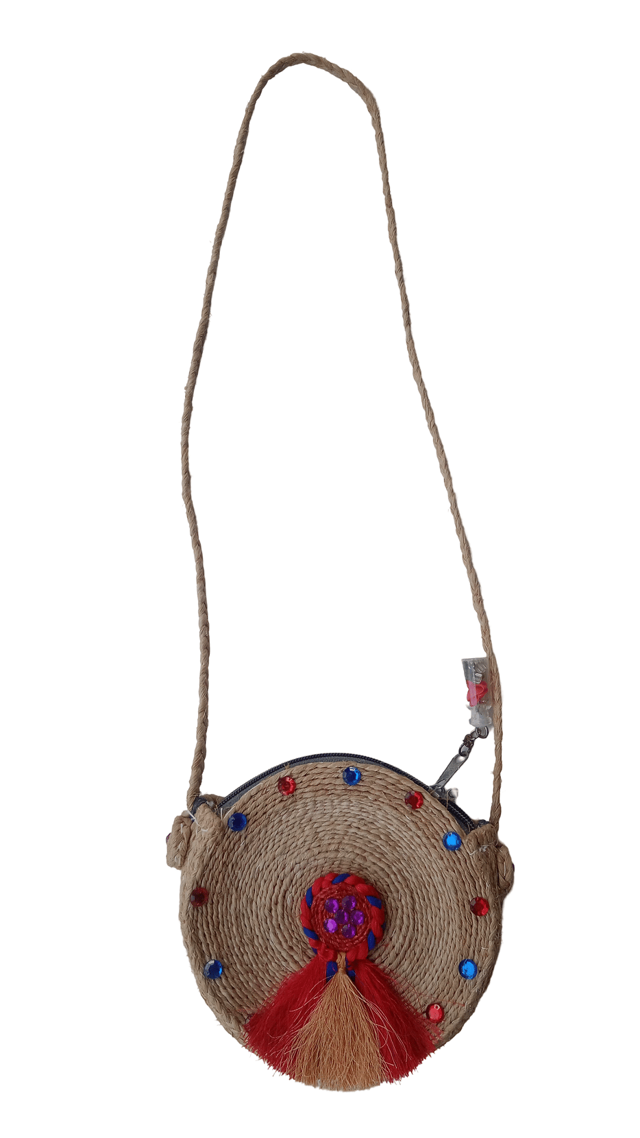  Handmade straw crossbody bag with red and blue accents