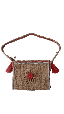 Beaded Straw Clutch with Red Flower Accent