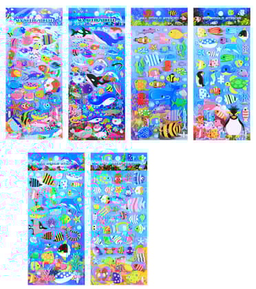 KTRS Enterprise 3D Puffy Fish Stickers for Kids Toddlers Funny Under The Sea Ocean Animal Foam Stickers for Decoration, Classroom Rewards, Party Favors(Pack of 6)