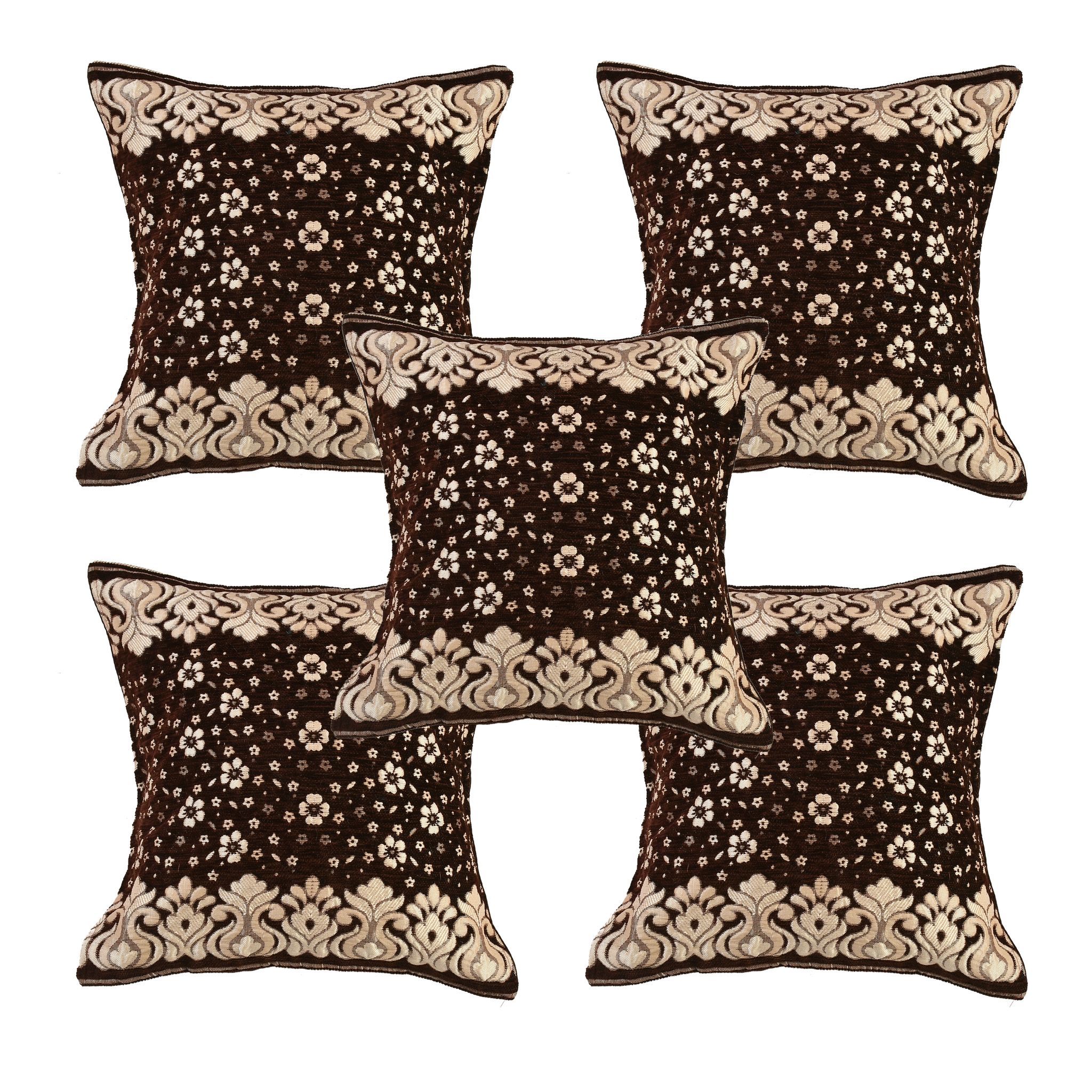 Chenille Velvet 5 Piece Cushion Cover Set for Sofa Living Room Plus Pillow case for Home & Office, Size 40 x 40 cm, Coffee