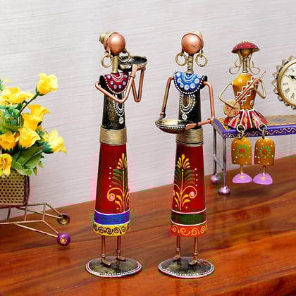 Riddhi Siddhi Handicraft   Metal Rural Lady Decorative Showpiece Figurine Statue for Home Décor (Set of 2) Red