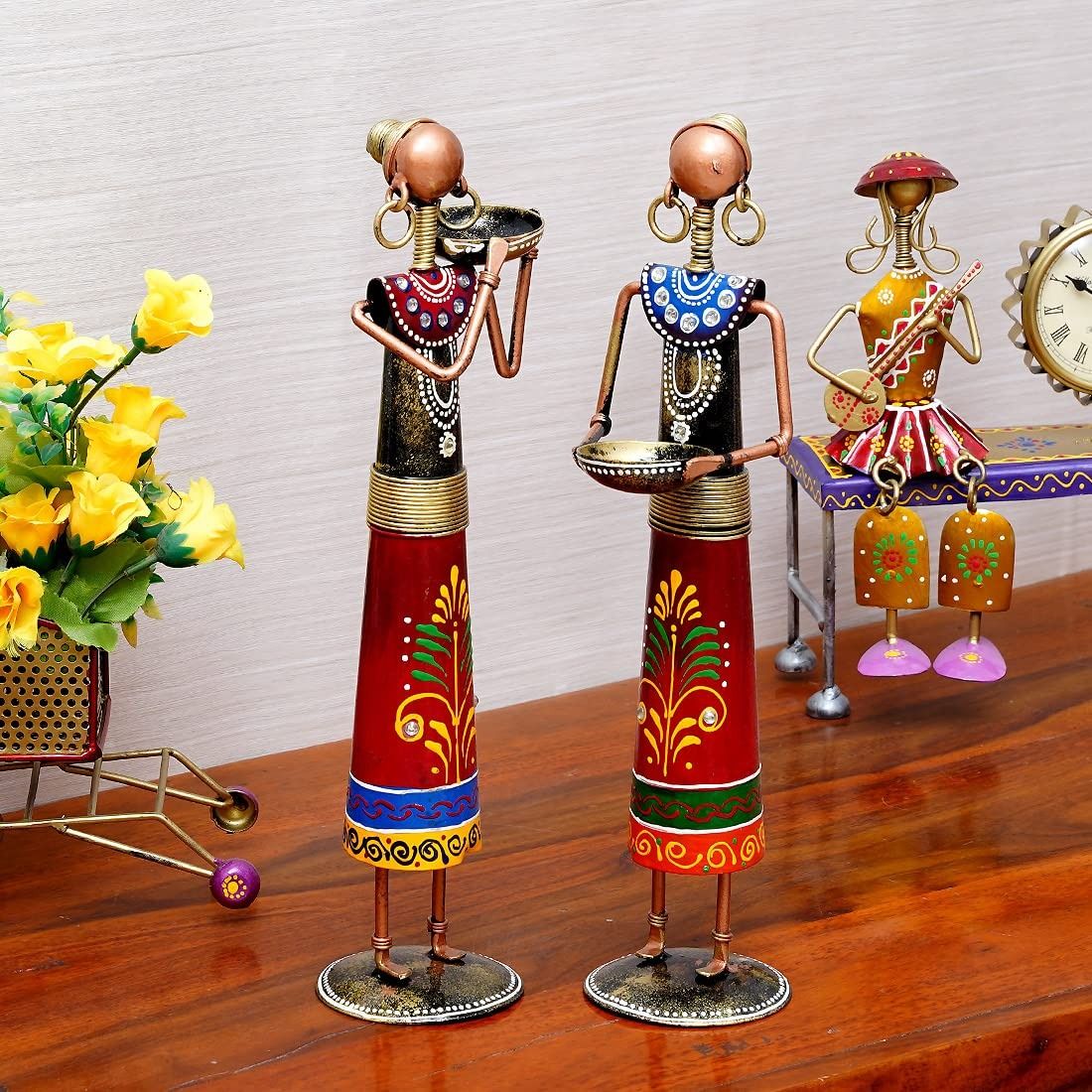 Riddhi Siddhi Handicraft   Metal Rural Lady Decorative Showpiece Figurine Statue for Home Décor (Set of 2) Red