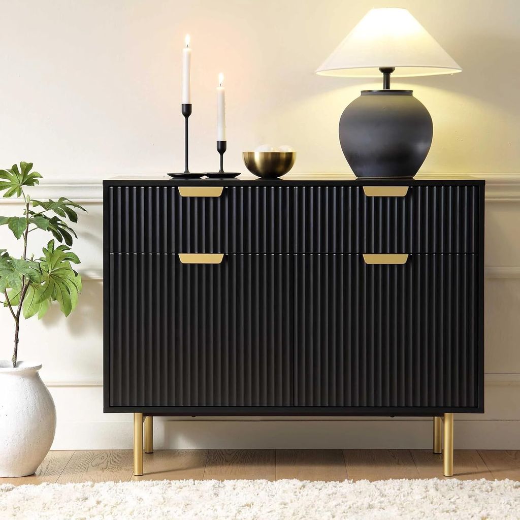 hukamart  ; Wooden Sideboard Cabinet for Living Room | Kitchen Crockery Cabinets with 2 Drawers & 2 Door | Storage Unit for Bedroom | Solid Wood Sheesham & Iron(Black & Golden)