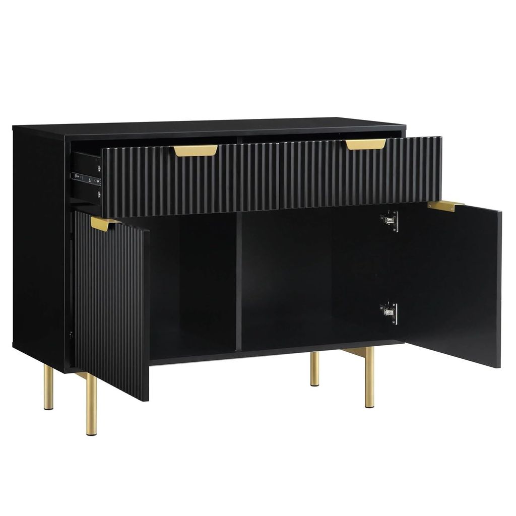 hukamart  ; Wooden Sideboard Cabinet for Living Room | Kitchen Crockery Cabinets with 2 Drawers & 2 Door | Storage Unit for Bedroom | Solid Wood Sheesham & Iron(Black & Golden)