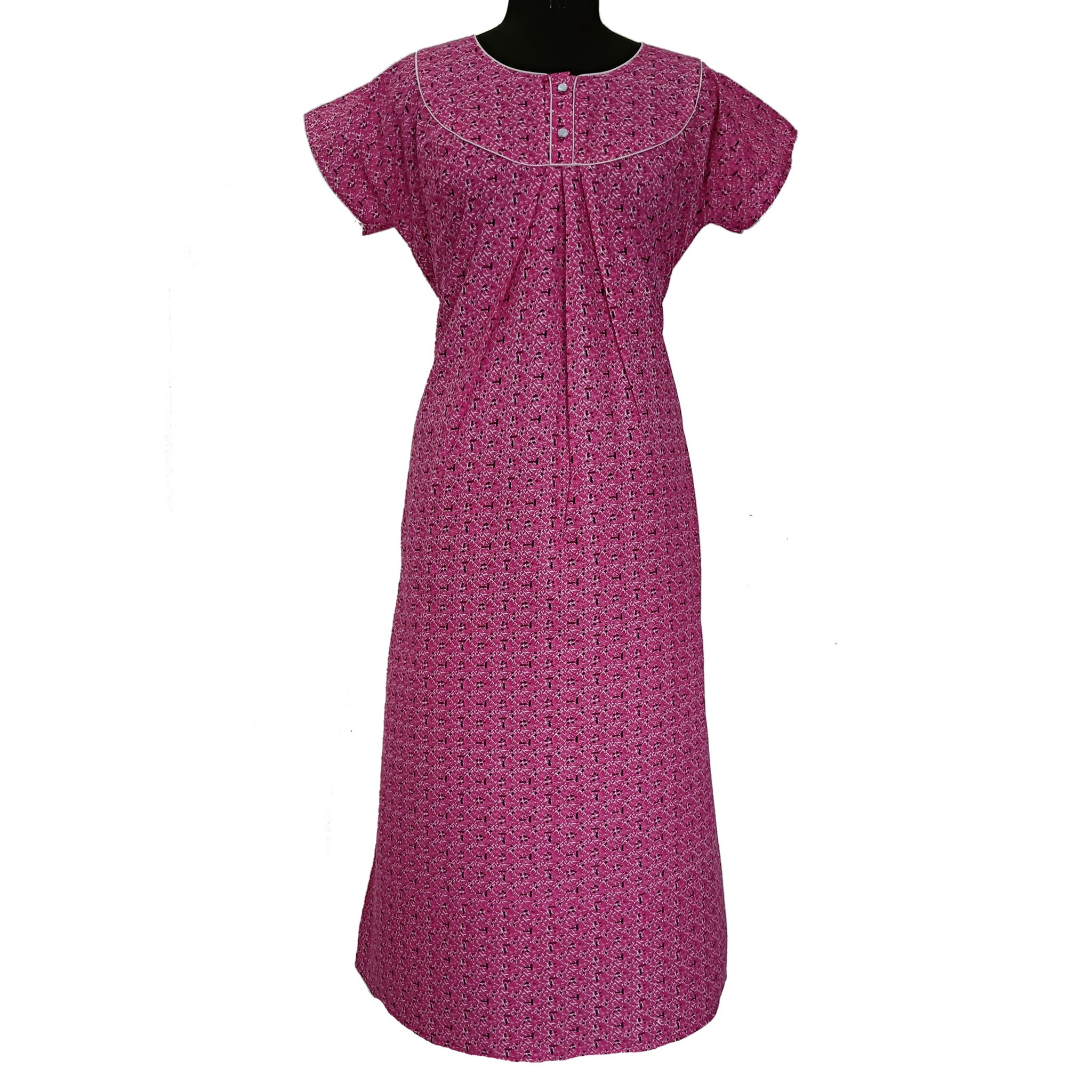 Women's Cotton Long Nightgown, Pink Floral Print, Full Length - Technical View