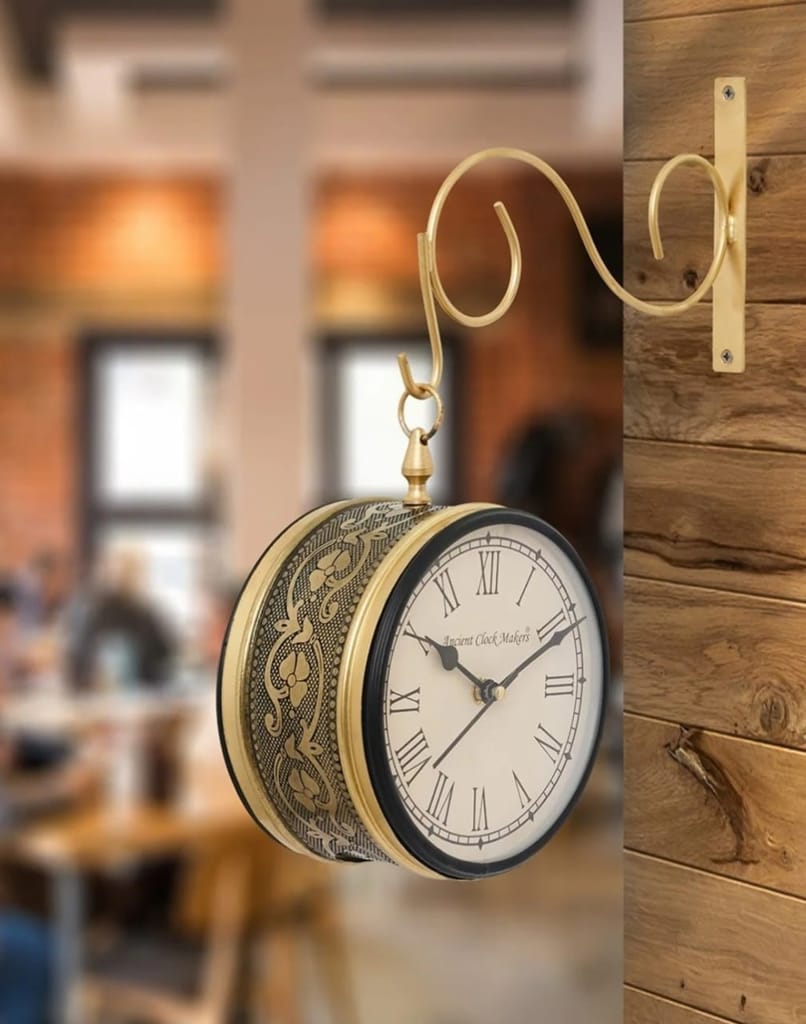 Kiran Handicrafts - Clock/Platform Analog Wall Clock/Double Sided Brass Clock/Victorian Royal Antique Plaform Double Sided Wall Clock for Gallery/Gift for Festival
