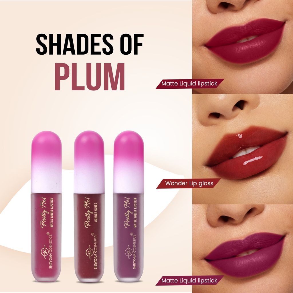 Shryoan Pretty Me! 2 Liquid Lipstick & 1 Lip Gloss | Transfer Proof & Highly Pigmented| Waterproof & Smudge-Proof | Pack of 3 | 6ml (Shades of PLUM)