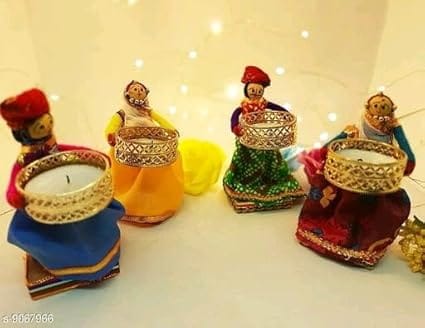 RUPESH KUMAR JANGID  Handmade Rajasthani Dolls Puppet Tealight Candle Holders for Floor Decoration | Diwali Decoration | Festival Decoration 4 Puppet Dolls (2 Male, 2 Female) 4 Led Candles Included
