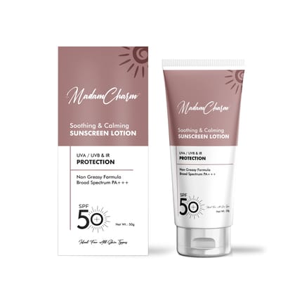 MadamCharm Soothing & Calming SPF 50 Sunscreen Lotion | PA+++ | UVA/UVB & IR Protection | Non Greasy Formula | For All Skin Types | 50g