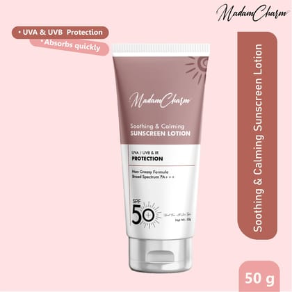 MadamCharm SPF 50 Sunscreen Lotion | PA+++ | UVA/UVB & IR Protection | Non Greasy Formula | For All Skin Types | 50g
