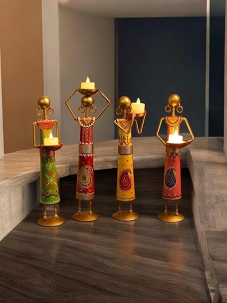 RUPESH KUMAR JANGID Rajasthani Metal African Tea Light Candle Holder Set of 4 Dolls