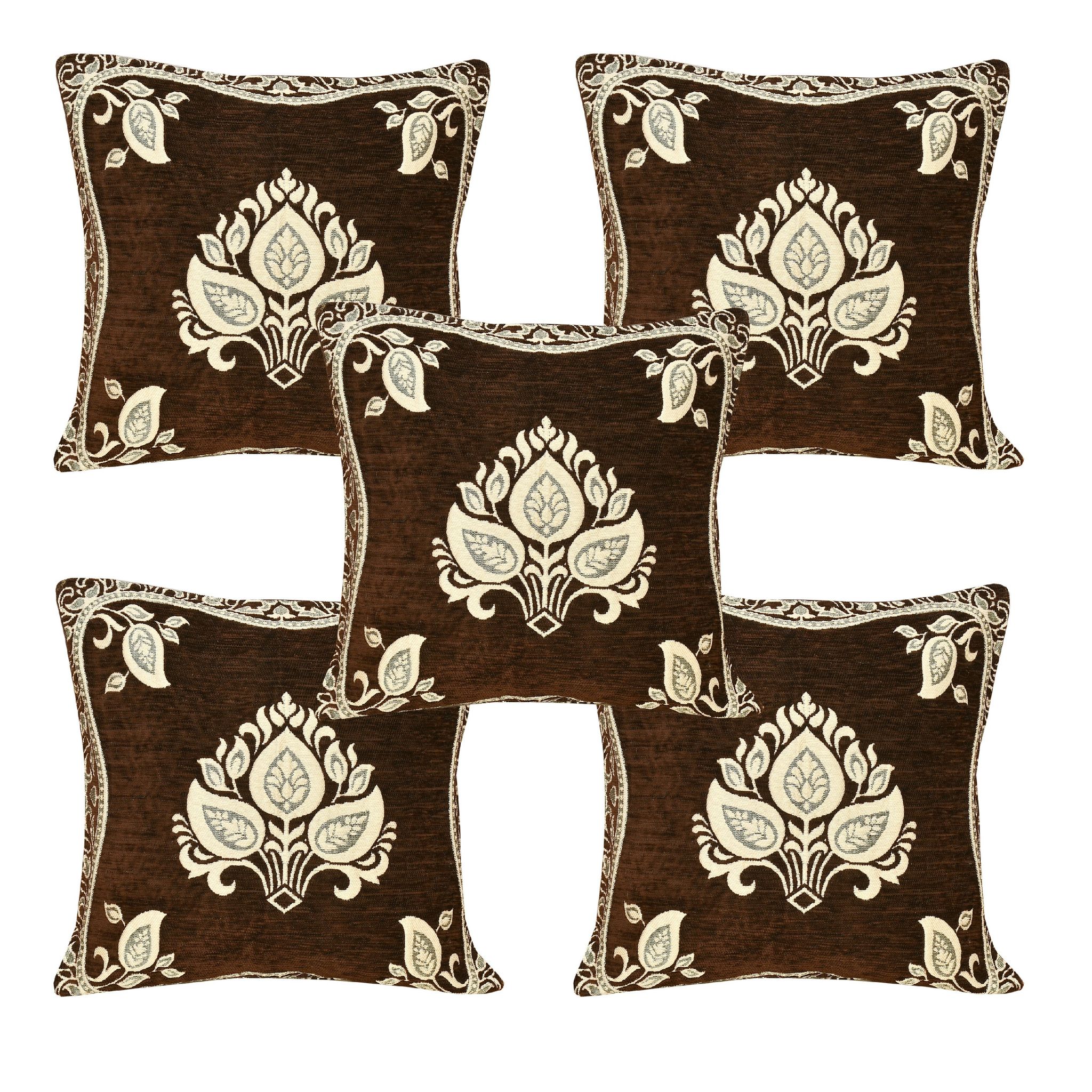 Chenille Velvet 5 Piece Cushion Cover Set for Sofa Living Room Plus Pillow case for Home & Office, Size 40 x 40 cm, Coffee