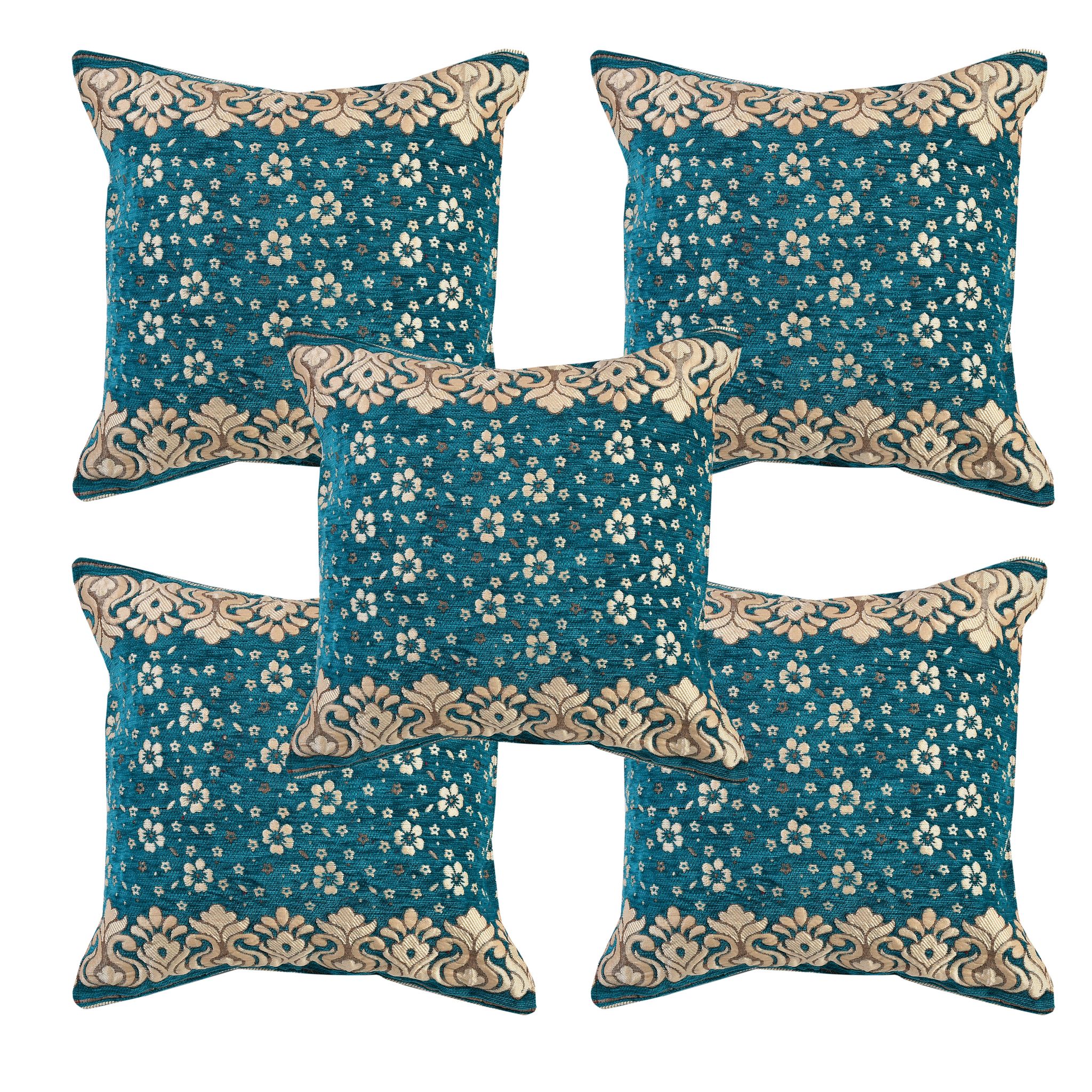 Chenille Velvet 5 Piece Cushion Cover Set for Sofa Living Room Plus Pillow case for Home & Office, Size 40 x 40 cm, Sky Blue