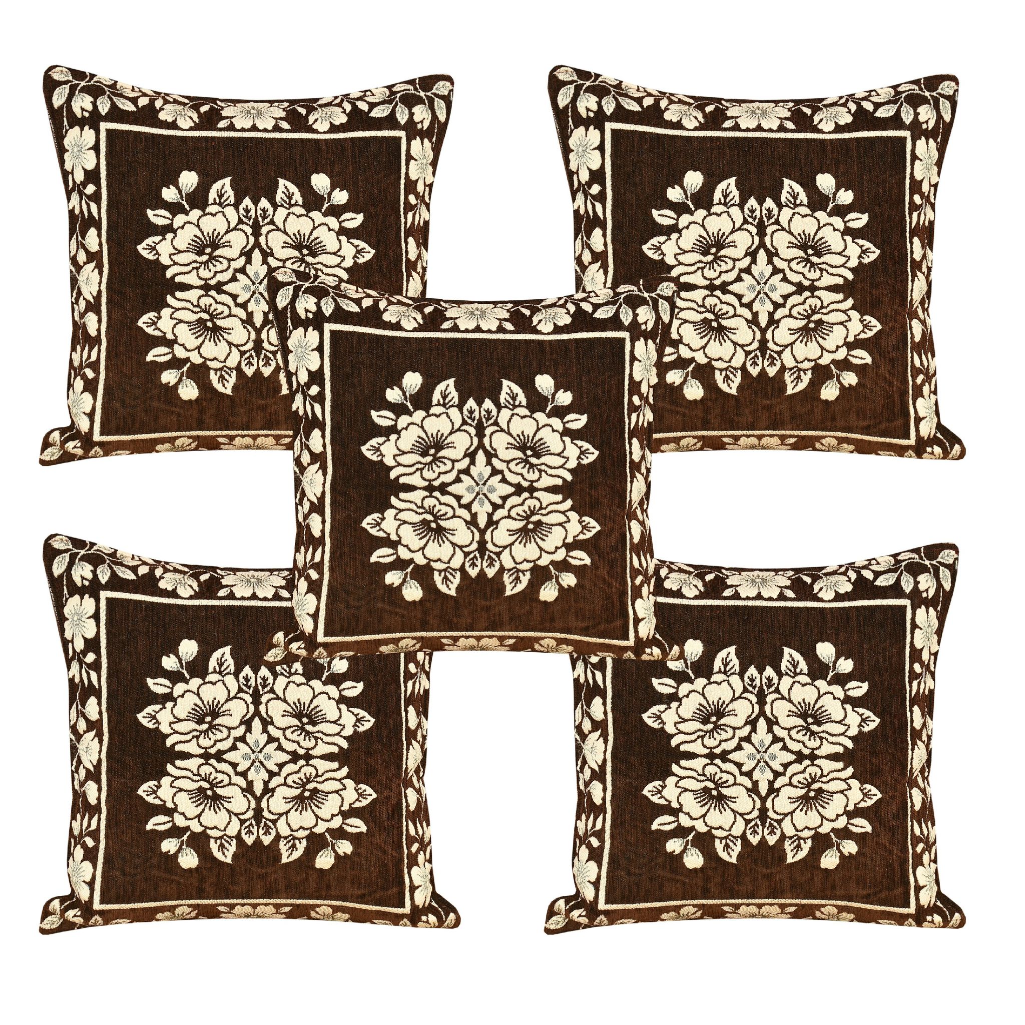 Chenille Velvet 5 Piece Cushion Cover Set for Sofa Living Room Plus Pillow case for Home & Office, Size 40 x 40 cm, Coffee