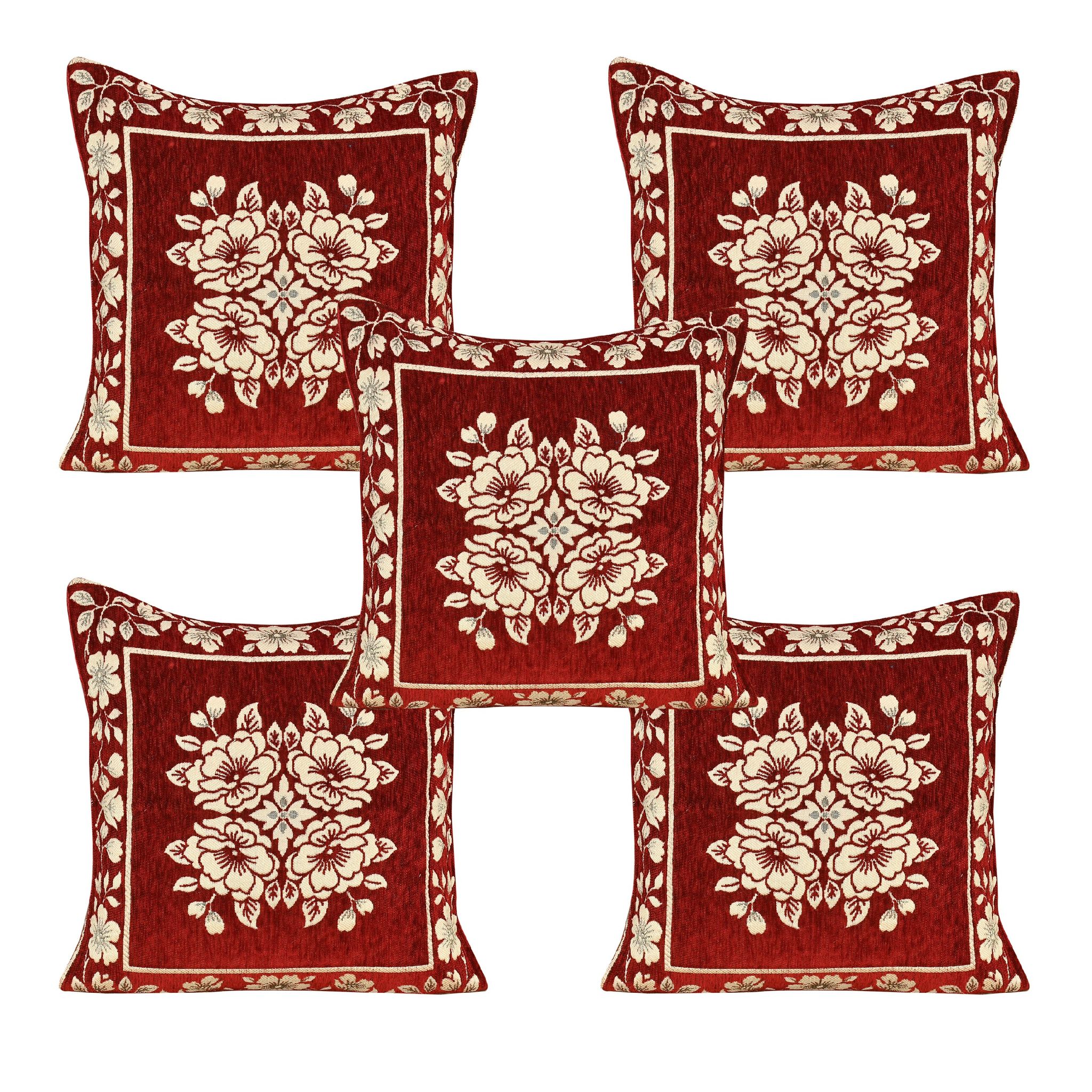 Chenille Velvet 5 Piece Cushion Cover Set for Sofa Living Room Plus Pillow case for Home & Office, Size 40 x 40 cm, Mehroon