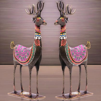 Meghwansh Handicrafts Handpainted Iron Deer Showpiece Set of 2 Vibrantly Coloured Tabletop Liiving Room Office Home Decor Gift Item