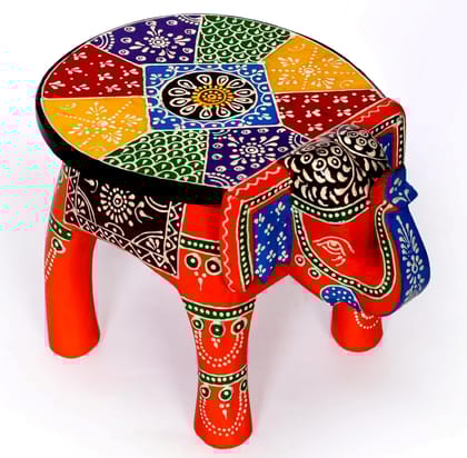 Daksh Art and Crafts -Wooden Elephant Stool, Puja Stool and Planter Stand for Living Room/Bedroom/Kitchen/Balcony and Office Stool, Embossed Painted, Elephant Shape (Orange)