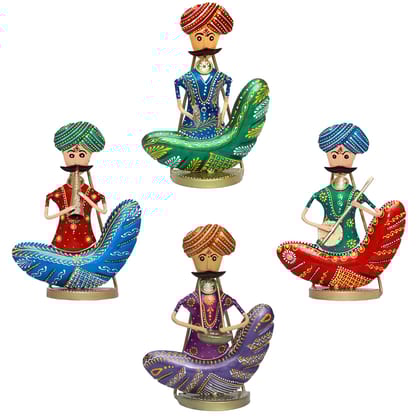 MEGHWANSH HENDICARFT  - Rajasthani Moustache Musicians - Hand-Painted Decorative Showpiece Set of 4Musical Statues - Vibrant Tabletop & Wall-Mountable Figurines