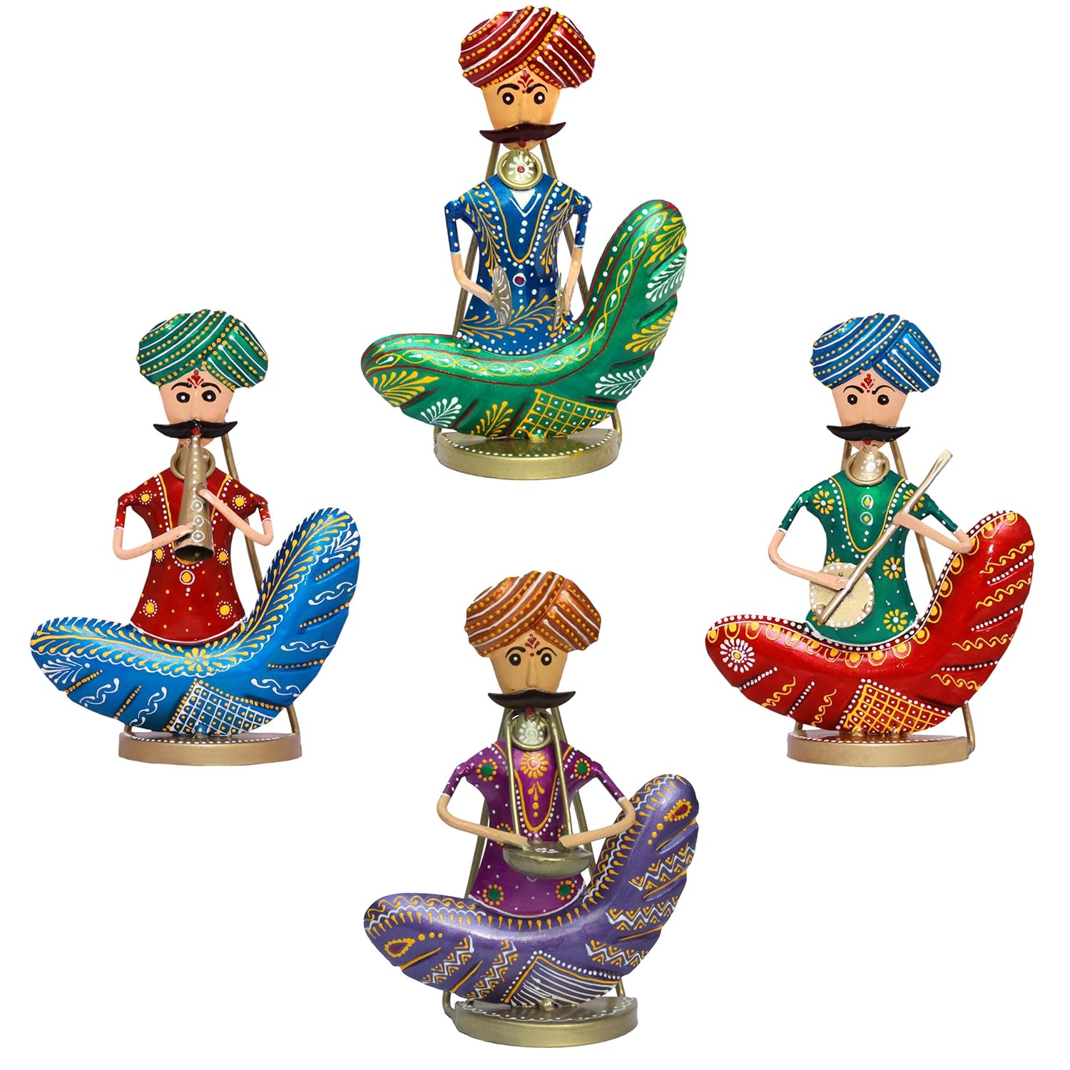 MEGHWANSH HENDICARFT  - Rajasthani Moustache Musicians - Hand-Painted Decorative Showpiece Set of 4Musical Statues - Vibrant Tabletop & Wall-Mountable Figurines