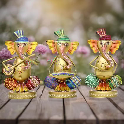 MEGHWANSH HENDICARFT  - Musical Ganesha Statues Set of 3 Hand Painted Wrought Iron Figurines for Home Decor, Living Room Decoration, Office, Shops and Gifts, Multicolour