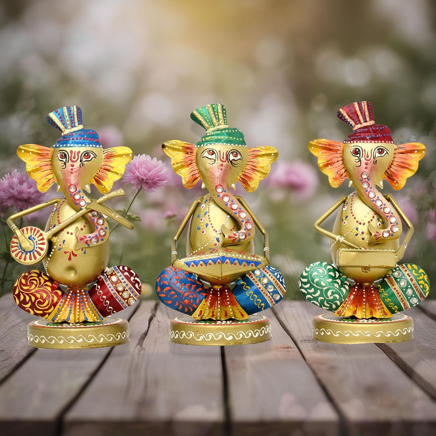 MEGHWANSH HENDICARFT  - Musical Ganesha Statues Set of 3 Hand Painted Wrought Iron Figurines for Home Decor, Living Room Decoration, Office, Shops and Gifts, Multicolour