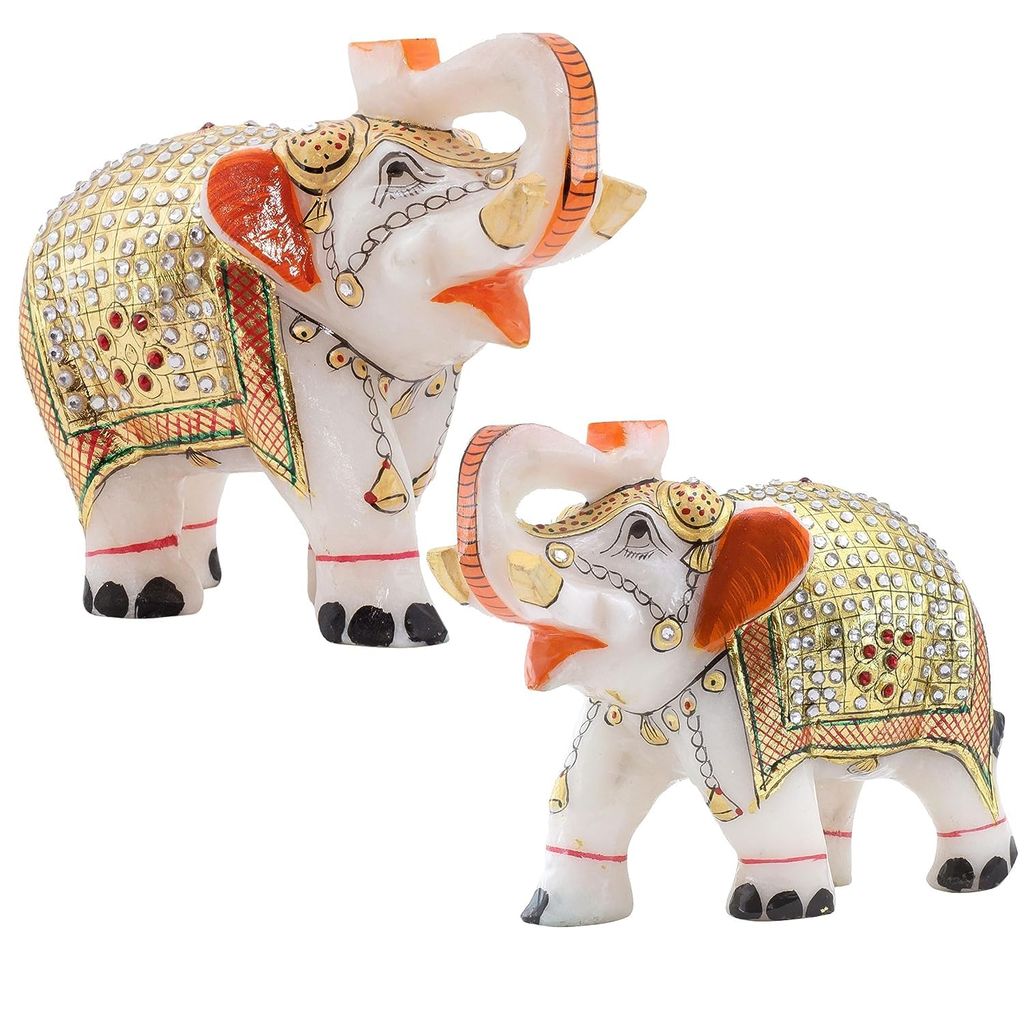 Srijan Enterprises - Marble Elephants Pair Set of 2 Showpieces Size 4 inch Elephant Statue Gift, Decor Item for Home Entrances, Living Room, Tabletop, Office Desk (4 * 5inch, 2, White-Gold)