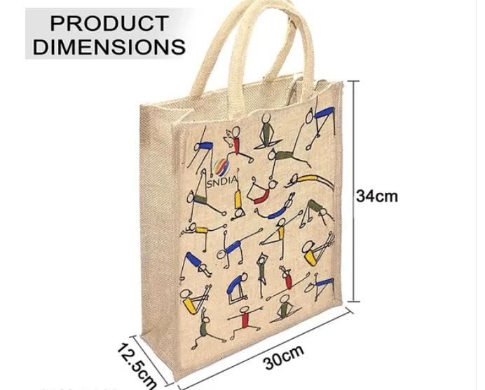 Elegant Men Unimart Jute bags for lunch box Yoga Print & food love Beige Bag with top Zipper . M