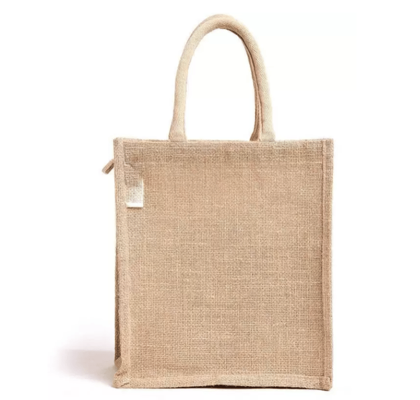 Elegant Men Unimart Jute bags for lunch box Yoga Print & food love Beige Bag with top Zipper . M