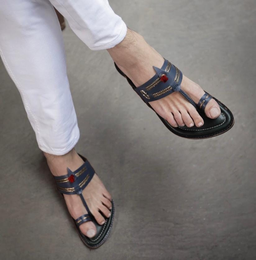 Zora-vy Blue/Bottle Green Handmade Leather Sandals