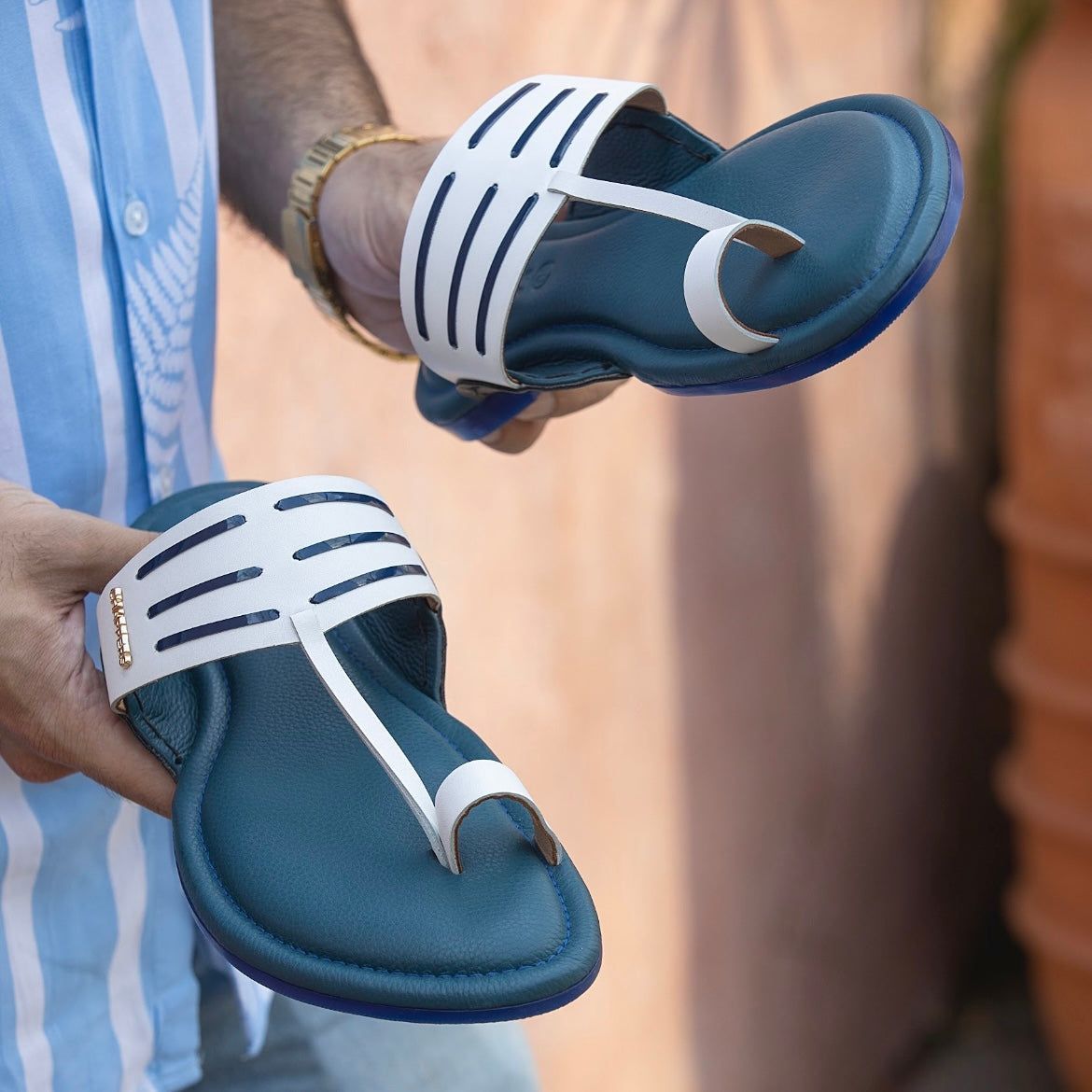 Marines - Ocean/White Leather Sandals