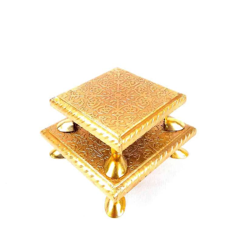 Shri Vankal Maa Art - Brass Chowki for Pooja| Decorative Bajot| Pooja Stool Set of 2 - (4 Inch & 5 Inch | Golden) for Pooja & Home décor