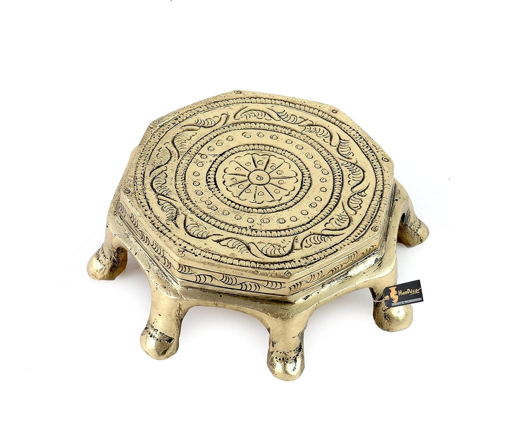 Shri Vankal Maa Art - Ethnic Design Round Chowki Over 8 Legs, Material - Brass, Antique White
