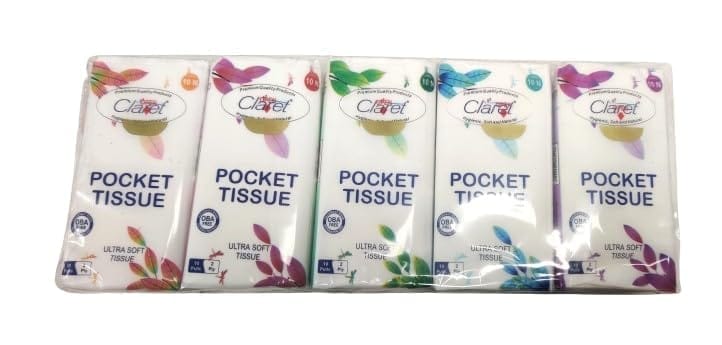 Claret Soft Ultra Pocket Tissue – 2-Ply, Skin-Friendly, 100% Virgin Pulp, 10 Pulls per Pack, 10 Packs per Packet, Convenient and Easy to Carry
