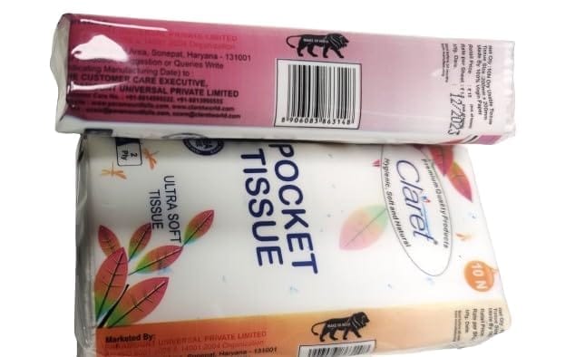 Claret Soft Ultra Pocket Tissue – 2-Ply, Skin-Friendly, 100% Virgin Pulp, 10 Pulls per Pack, 10 Packs per Packet, Convenient and Easy to Carry