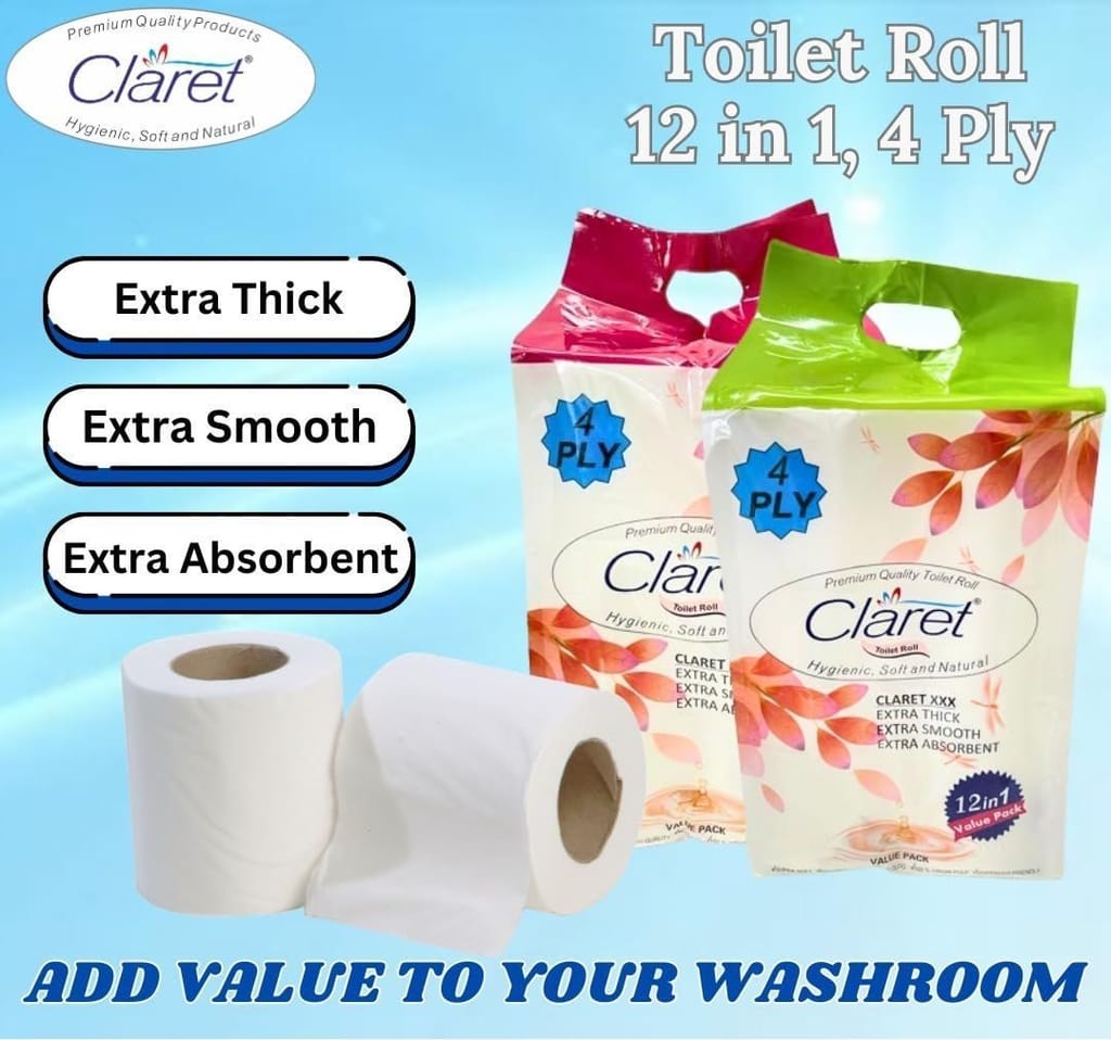 Claret Soft & Natural Toilet Paper, 100% Virgin Pulp, Eco-Friendly, Easily Dissolves in Water, 12 Rolls, 1440 Sheets, 4 Ply - Pack of 12