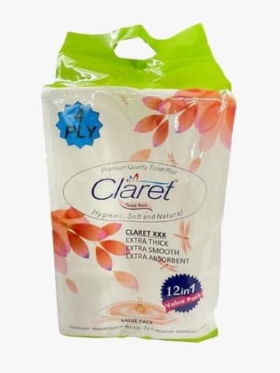 Claret Soft & Natural Toilet Paper, 100% Virgin Pulp, Eco-Friendly, Easily Dissolves in Water, 12 Rolls, 1440 Sheets, 4 Ply - Pack of 12