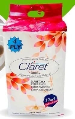 Claret Soft & Natural Toilet Paper, 100% Virgin Pulp, Eco-Friendly, Easily Dissolves in Water, 12 Rolls, 1440 Sheets, 4 Ply - Pack of 12