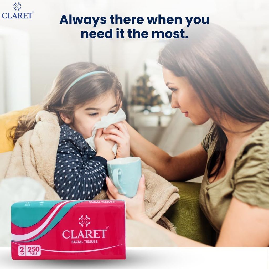 CLARET Polypack Facial Tissues - 2 Ply, 250 Pulls (500 Sheets), 18x20 cm, Super Soft, Multipurpose for Personal Care & Daily Use - Pack of 2