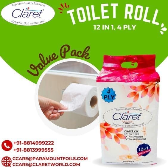 Claret Soft & Natural Toilet Paper, 100% Virgin Pulp, Eco-Friendly, Easily Dissolves in Water, 12 Rolls, 1440 Sheets, 4 Ply - Pack of 12