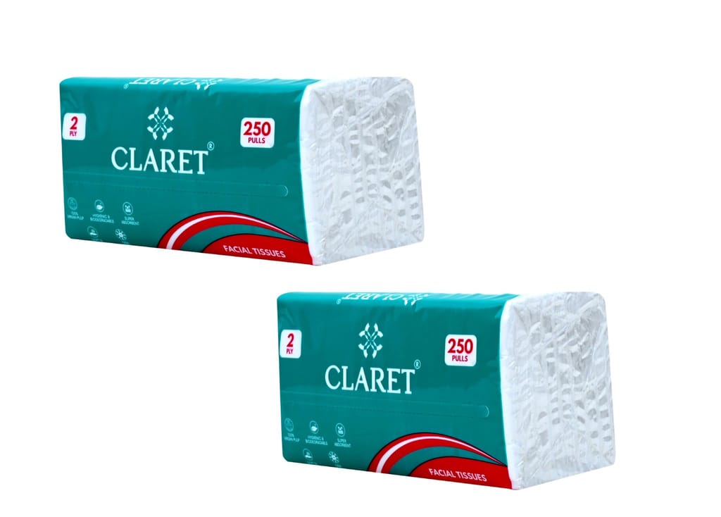 CLARET Polypack Facial Tissues - 2 Ply, 250 Pulls (500 Sheets), 18x20 cm, Super Soft, Multipurpose for Personal Care & Daily Use - Pack of 2