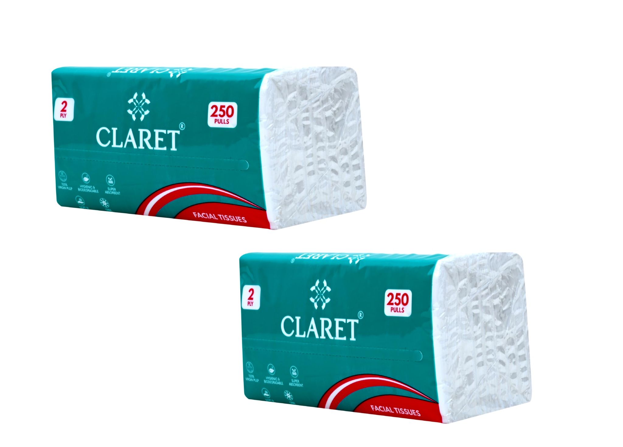 CLARET Polypack Facial Tissues - 2 Ply, 250 Pulls (500 Sheets), 18x20 cm, Super Soft, Multipurpose for Personal Care & Daily Use - Pack of 2