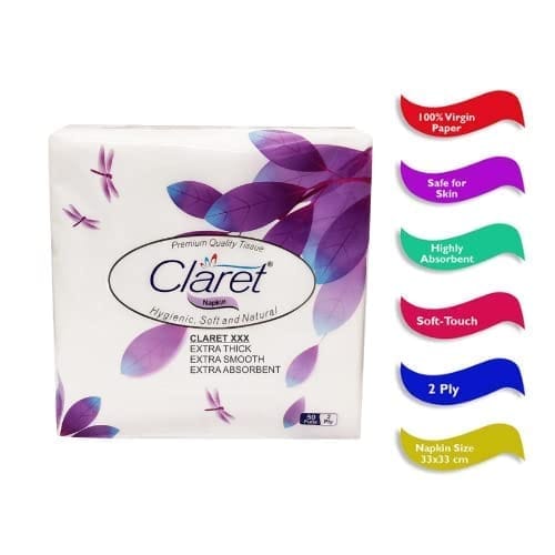 Claret Soft & Natural Paper Napkins 33 x 33 cm 50 Pulls 2 Ply (Pack of 3) – High-Quality Absorbent Tissue for Home, Office and Dining Use