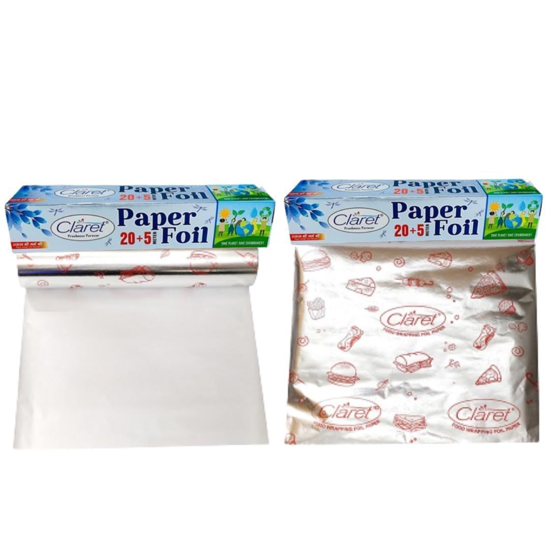 Claret 20+5 Mtr Multipurpose Foil Paper - Food Wrapping, Keeps Food Warm, Fresh & Hygienic | Ideal for Cooking & Storage | Pack of 2