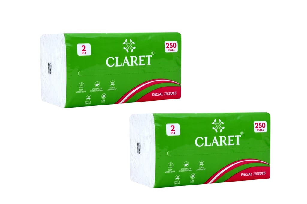 CLARET Polypack Facial Tissues - 2 Ply, 250 Pulls (500 Sheets), 18x20 cm, Super Soft, Multipurpose Dry Tissue for Personal Care, Office, Car - Pack of 2