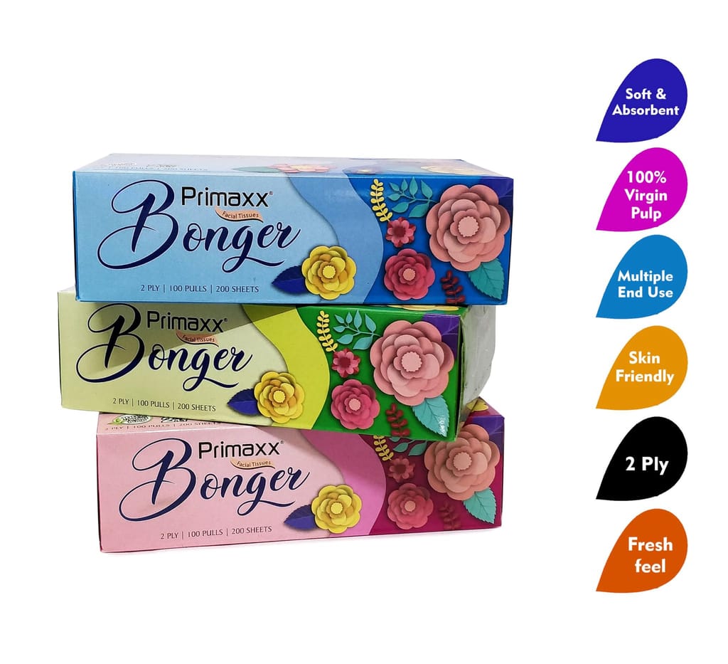 Primaxx Bonger 2 Ply Tissue Box Pack of 3 (100 Pulls Per Box, 200 Sheet (600 sheet) 100% Virgin Pulp soft Tissue Paper