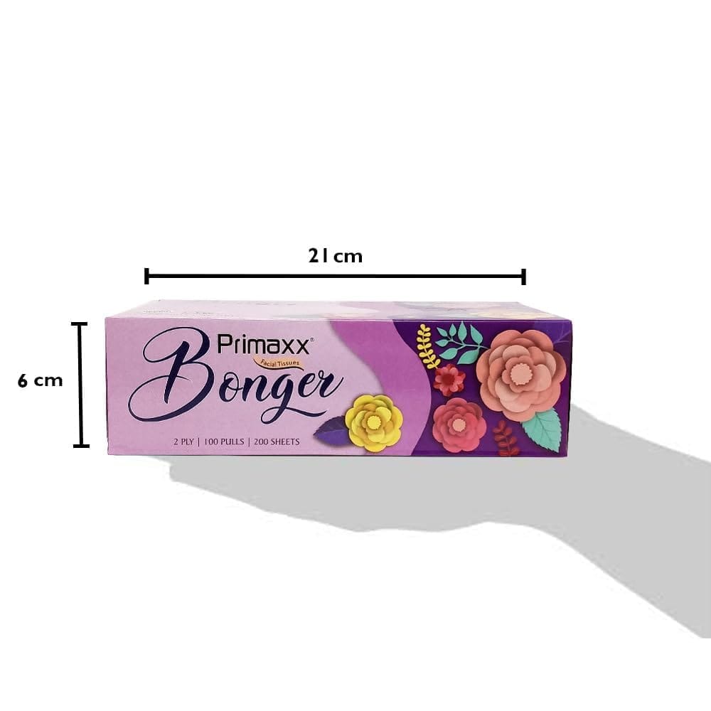 Primaxx Bonger Tissue Box (2-Ply) - Pack of 4 (100 Pulls per Box, 200 Sheets Total) | Soft, Highly Absorbent & Hygienic Facial Tissues