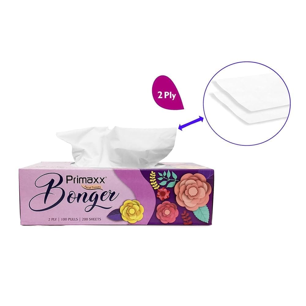 Primaxx Bonger Tissue Box (2-Ply) - Pack of 4 (100 Pulls per Box, 200 Sheets Total) | Soft, Highly Absorbent & Hygienic Facial Tissues