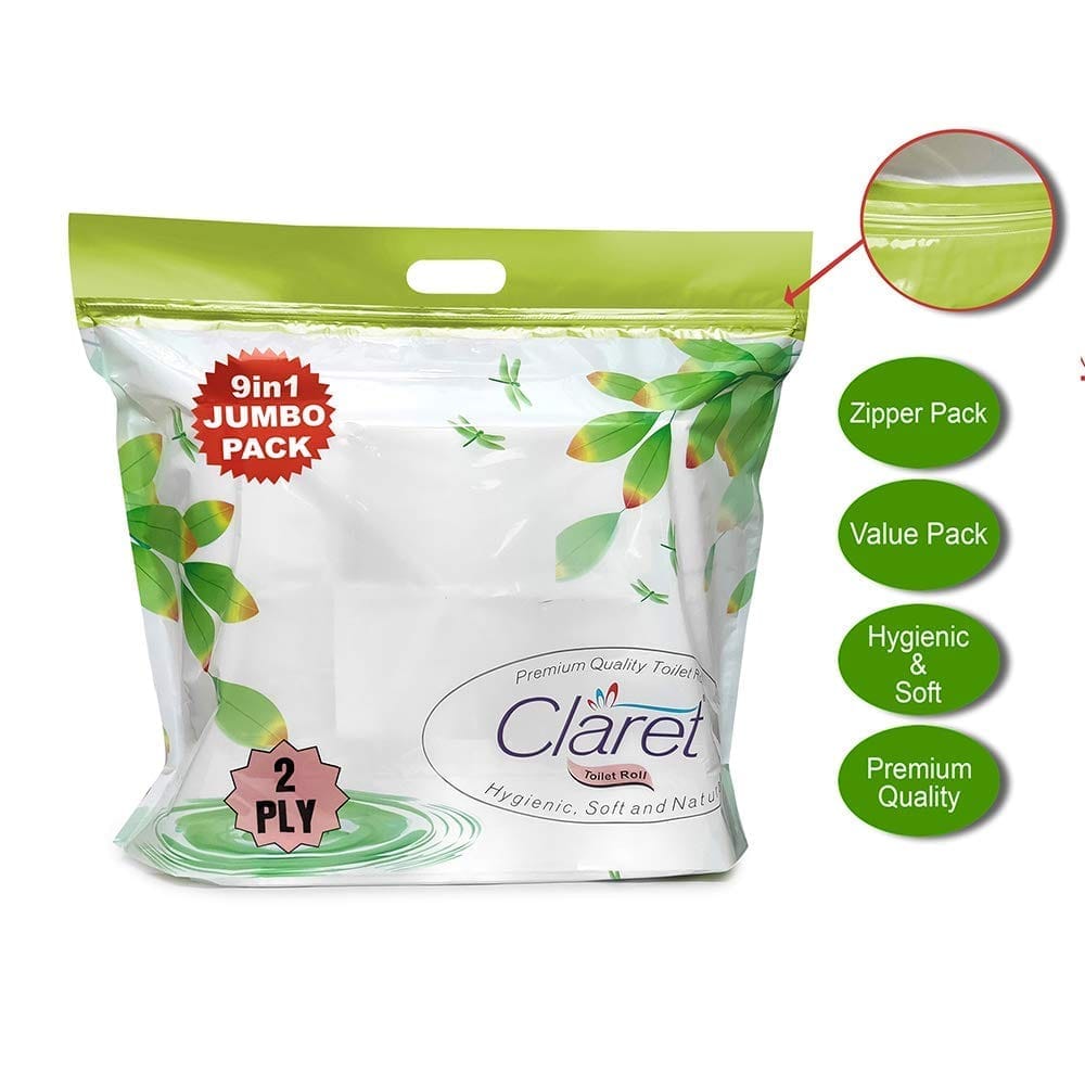 Claret Premium 2-Ply Toilet Paper – 9 In 1 Jumbo Pack, Highly Absorbent, Soft & Hygienic, Virgin Paper, Flushable