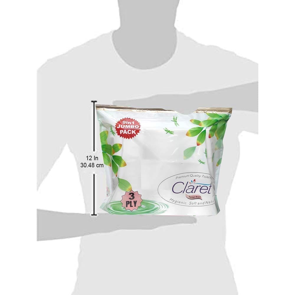 Claret Premium 3-Ply Toilet Paper Rolls - Jumbo Pack of 9, Highly Absorbent & Skin-Friendly with Convenient Zipper Pack for Daily Use