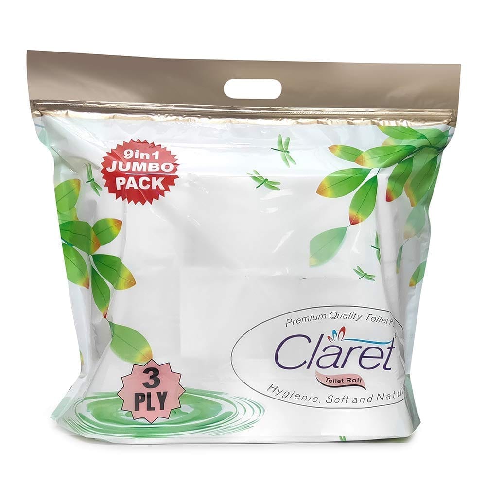 Claret Premium 3-Ply Toilet Paper Rolls - Jumbo Pack of 9, Highly Absorbent & Skin-Friendly with Convenient Zipper Pack for Daily Use
